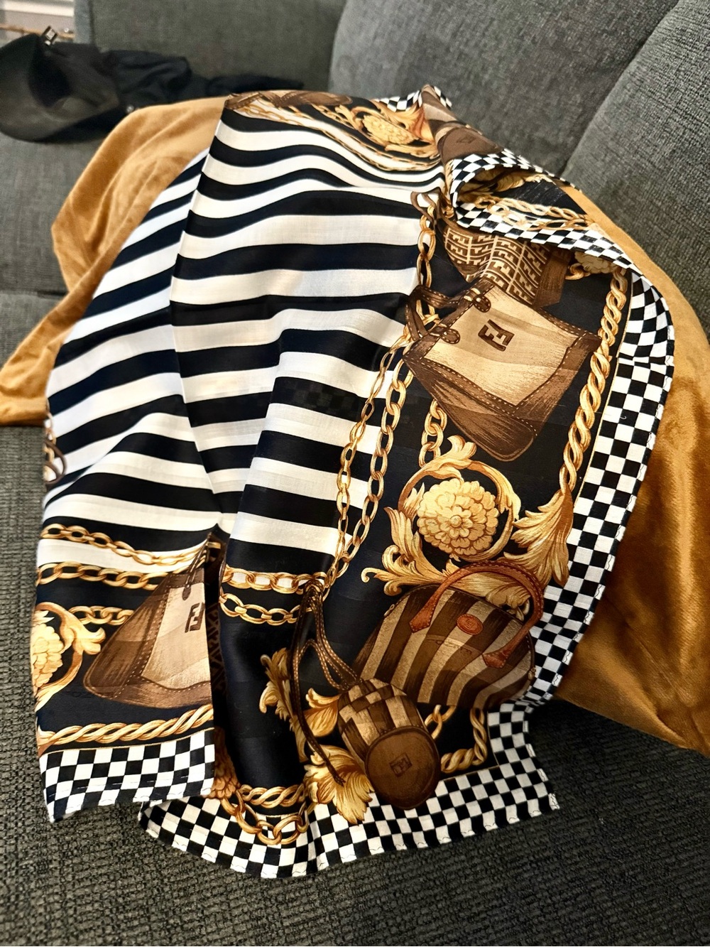 Fendi Black, White & Gold Silk-Print Scarf vintage no tags